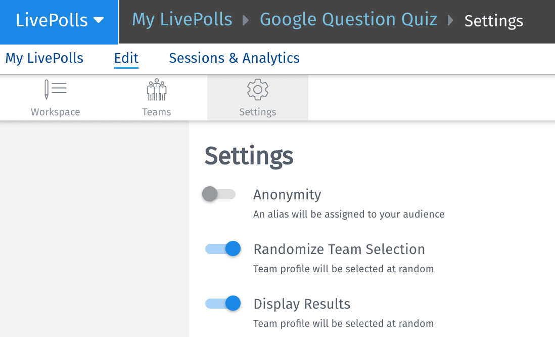 QuestionPro LivePoll تحديث إعدادات الاختبار