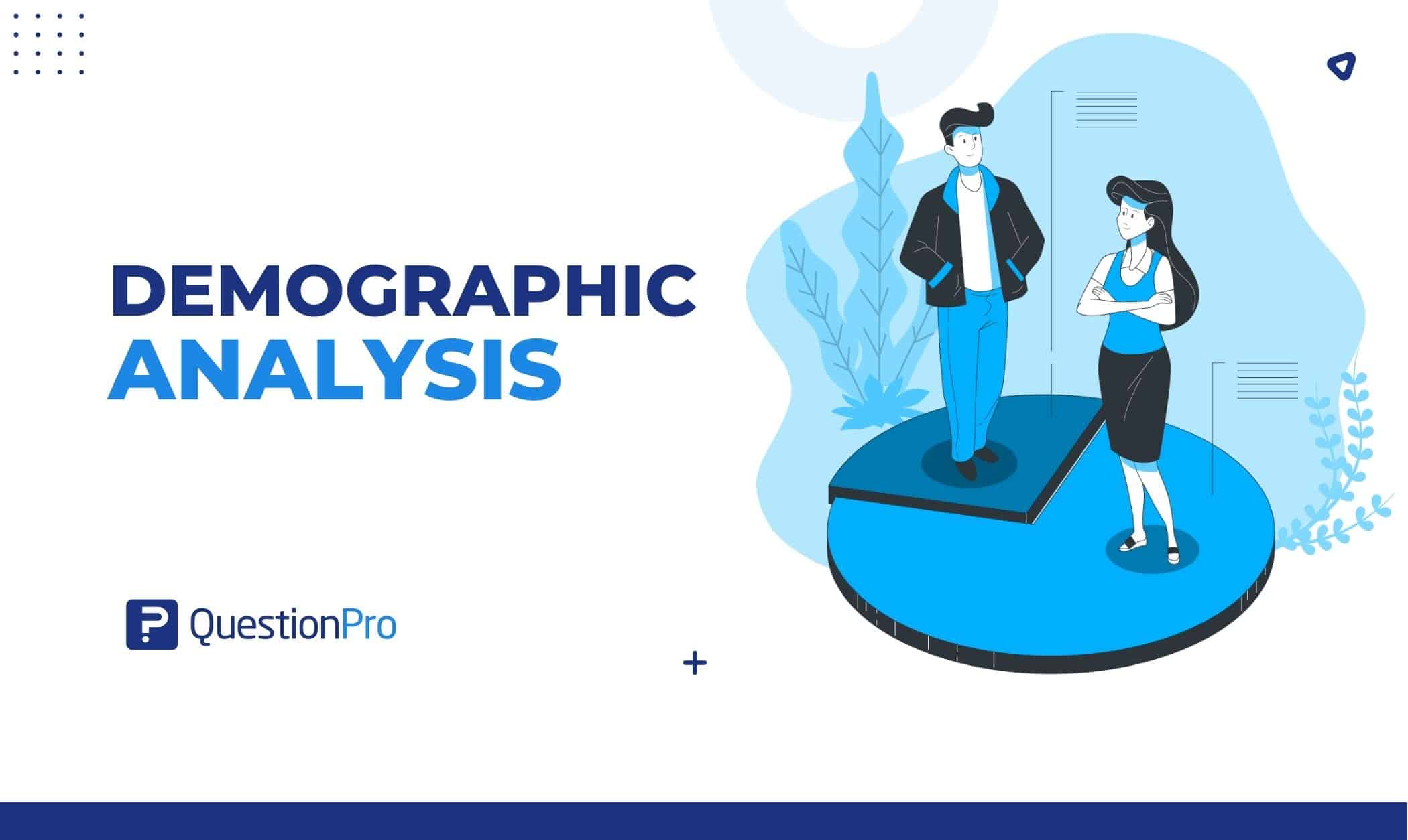  A man and woman stand on either side of a pie chart discussing demographic analysis for PPC campaigns.