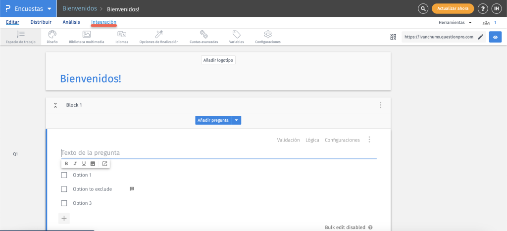 accede a integraciones para conectar QuestionPro con PowerBI